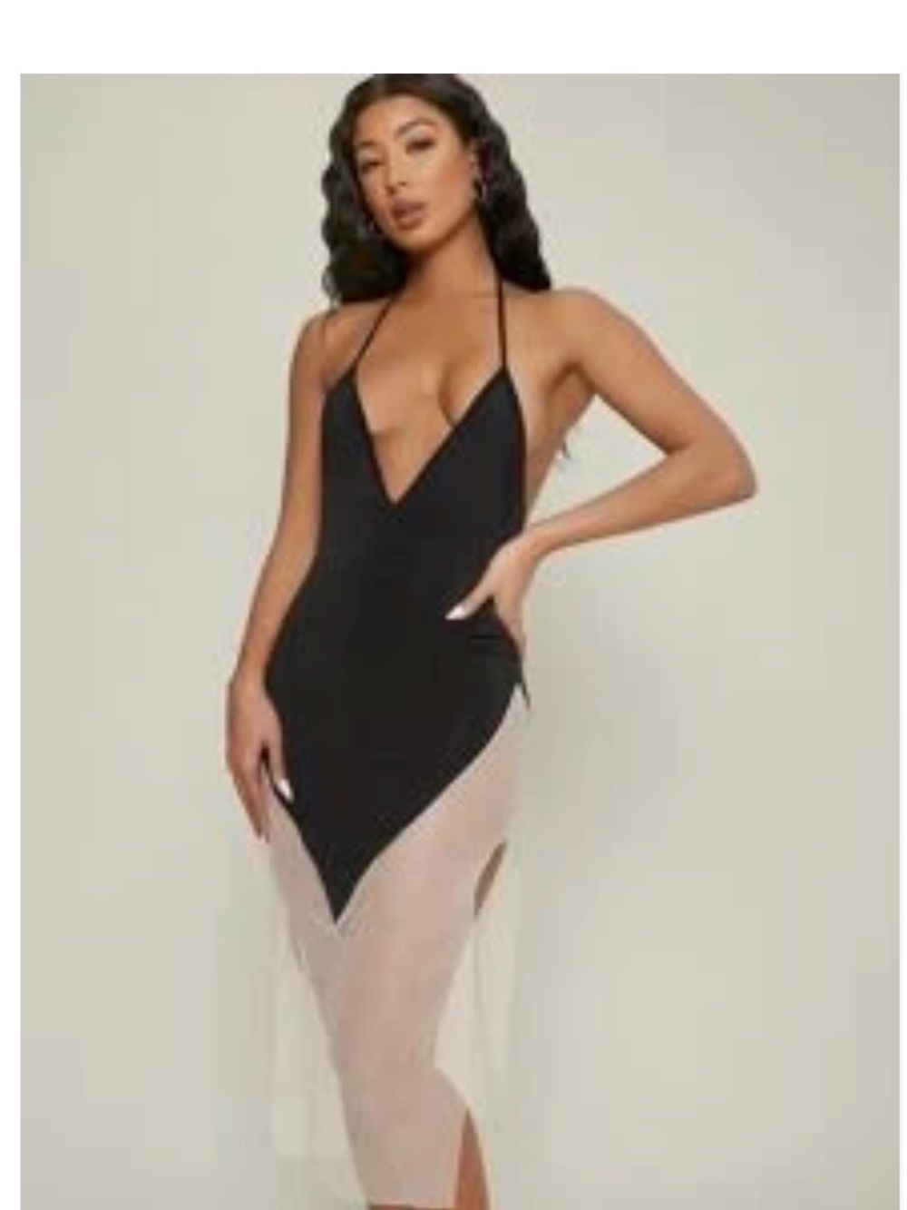 SHEIN Black Backless Halter Mesh-Panel Midi Dress